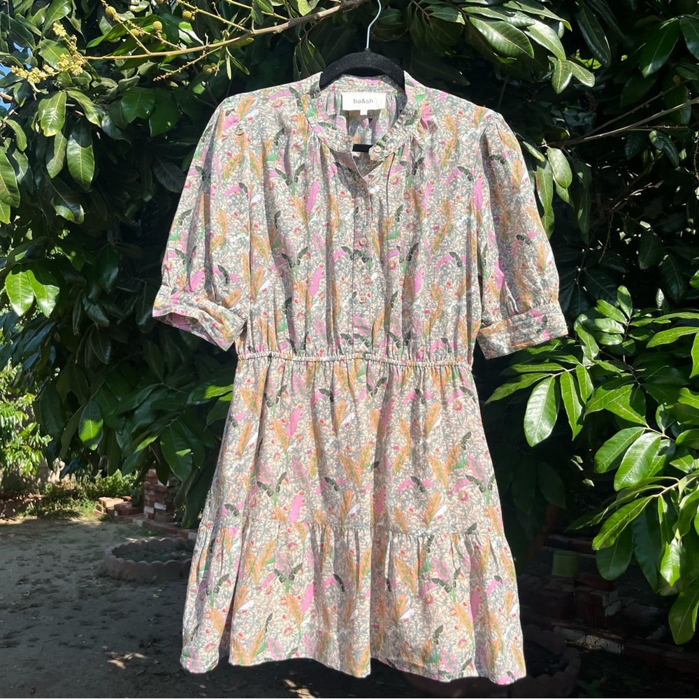 BA&SH teal pink yellow floral short puff sleeve tiered‎ cotton blend mini dress
